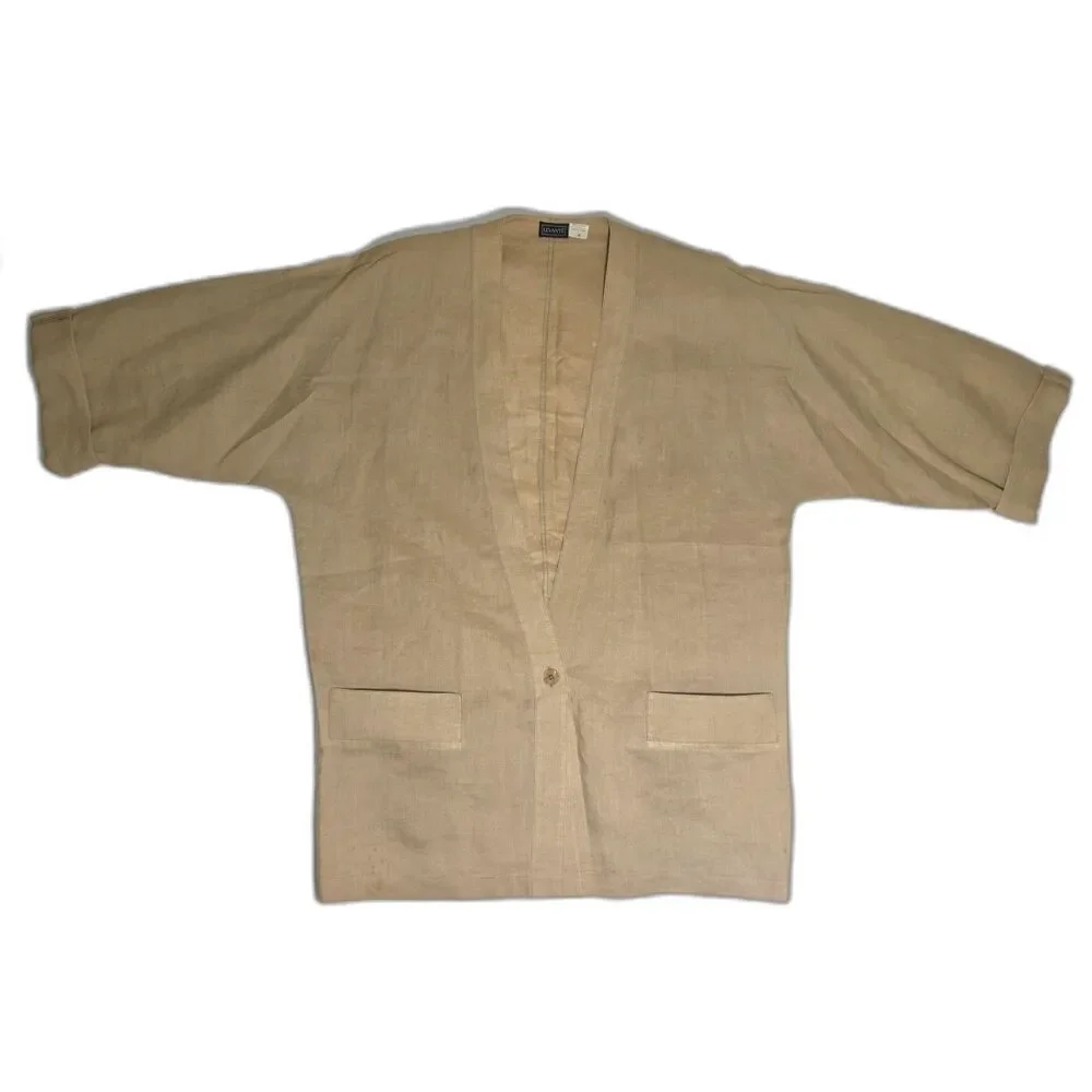 VTG Levanté 100% Linen Kimono Cardigan Open Front Jacket Size M Tan Short Sleeve
